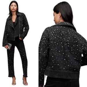All saints Eve Studded Black Biker Denim Jacket Sz US 10 UK 14 NWT